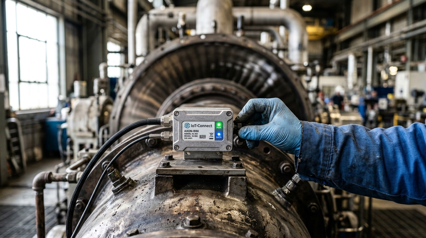 Close up of a technician checking industrial IoT remote sensors attached to a heavy duty metal turbine.