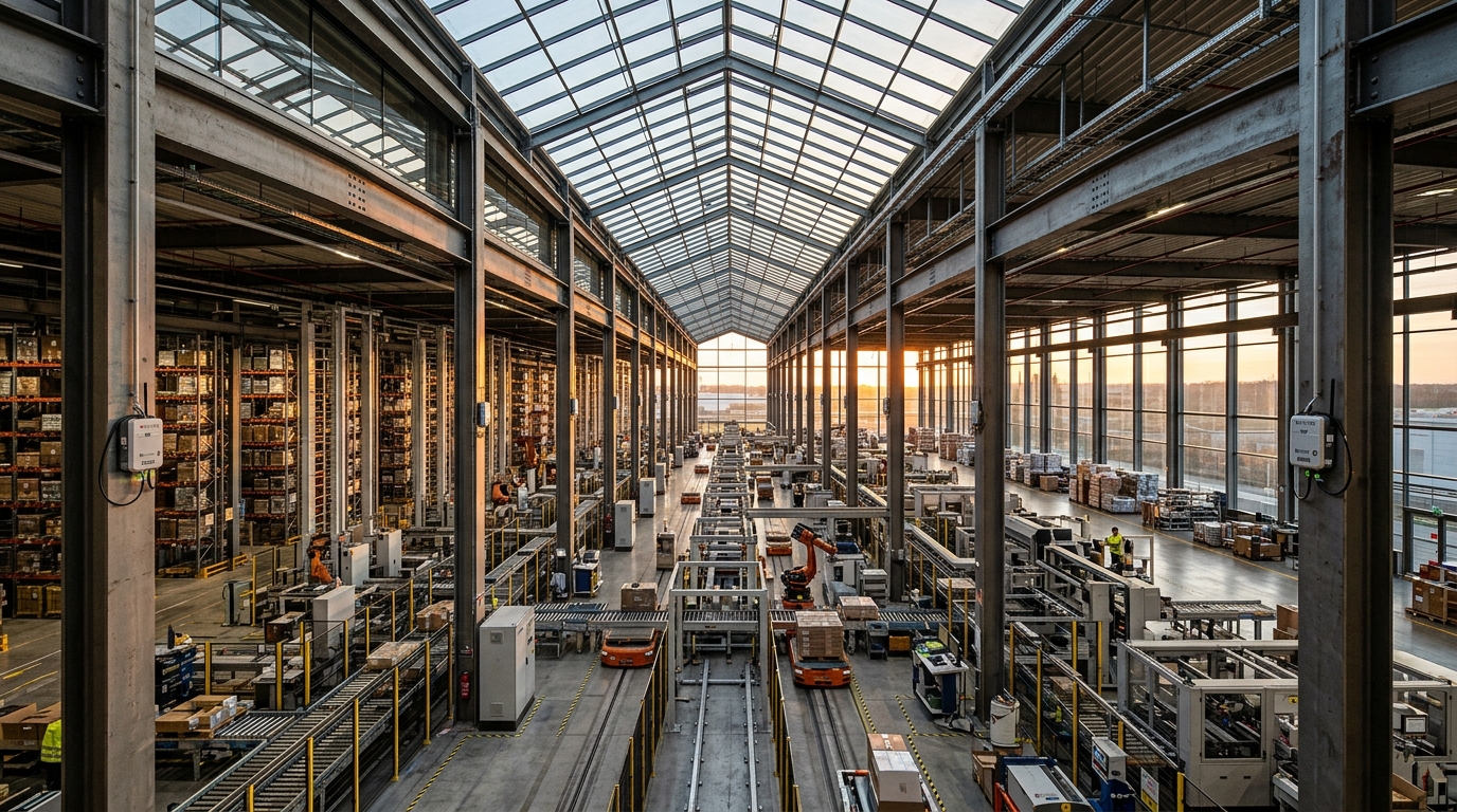 Wide view of a large automated factory with industrial IoT remote sensors installed on structural steel beams.