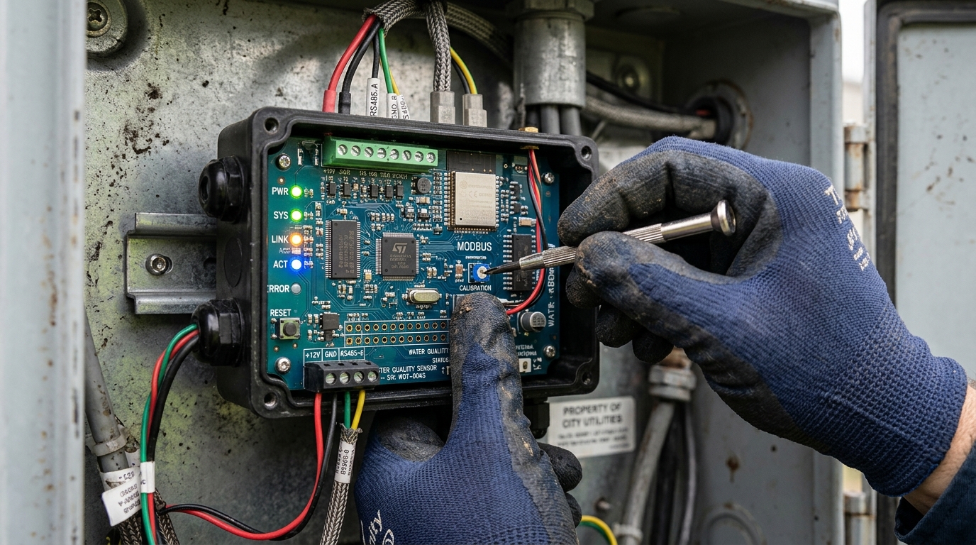 Close up of a technician servicing iot-based equipment for municipalities designed for smart water management systems.