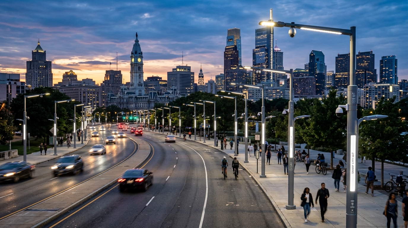 A wide city view showing smart street lighting as iot-based equipment for municipalities installed along a main road.