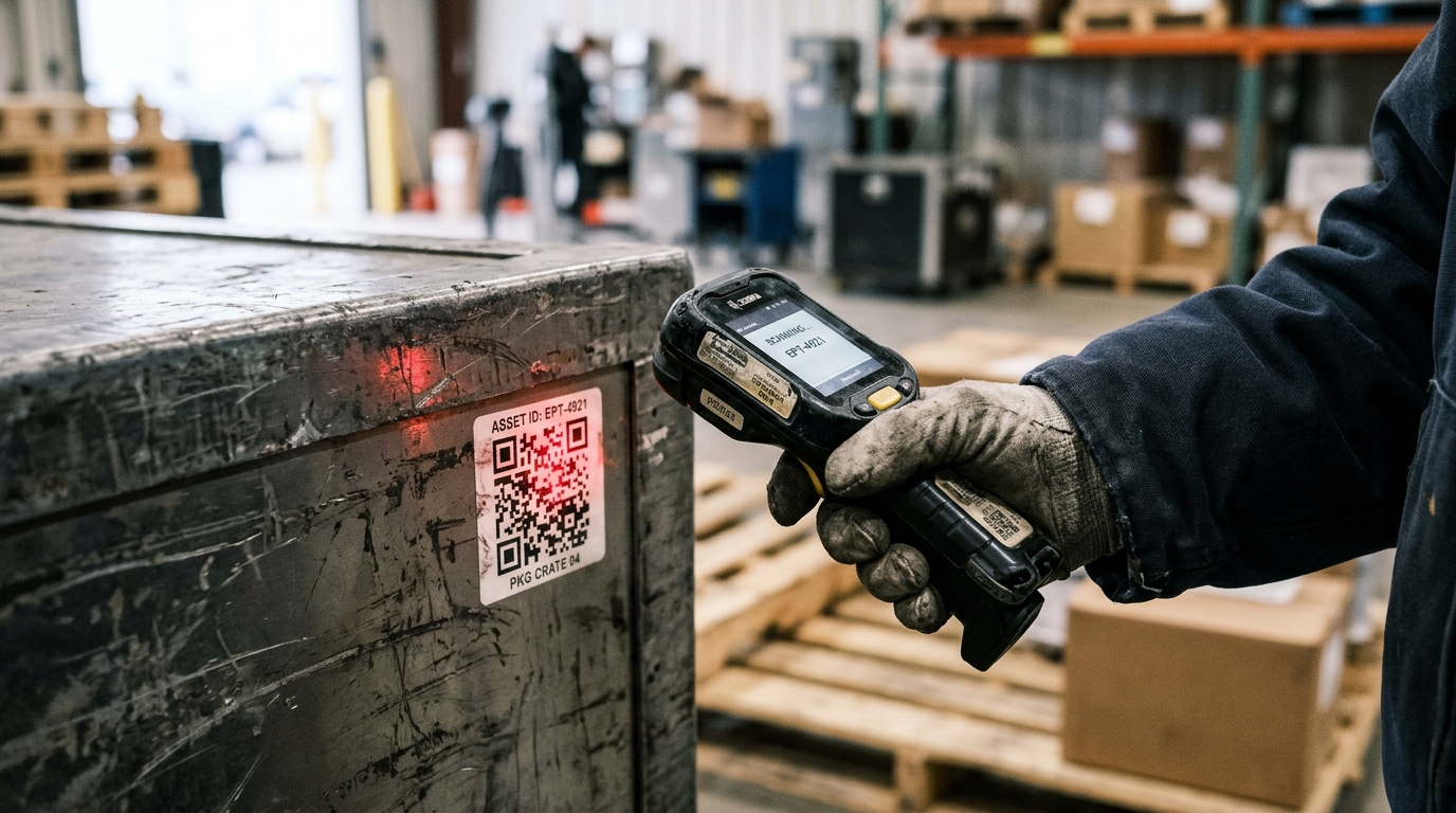 Close up of a hand scanning a digital tag on a crate using a low cost asset tracking system in an industrial setting.