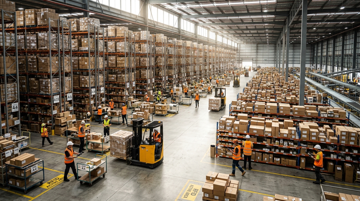 Wide view of a large warehouse using a low cost asset tracking system to manage inventory and workers in natural light.