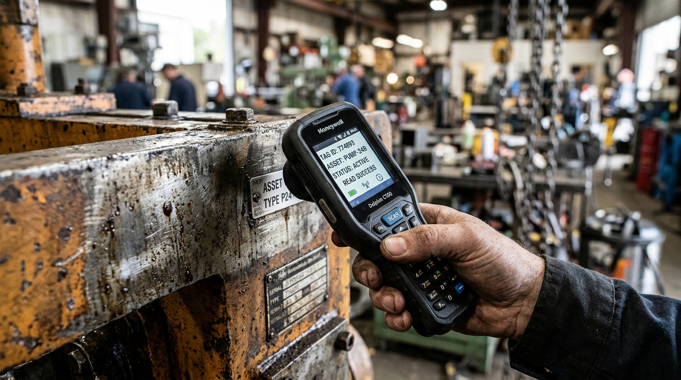 Close up of a hand scanning a digital tag on machinery while measuring asset tracking ROI in a professional workplace.