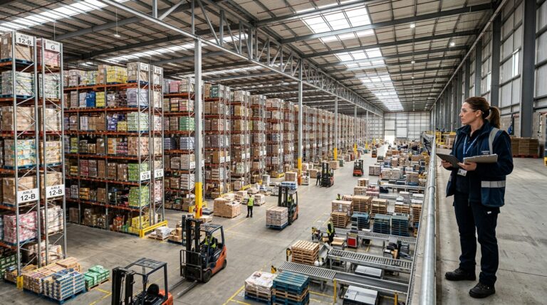 Wide warehouse view with organized cargo and a manager for measuring asset tracking ROI in a large industrial setting.