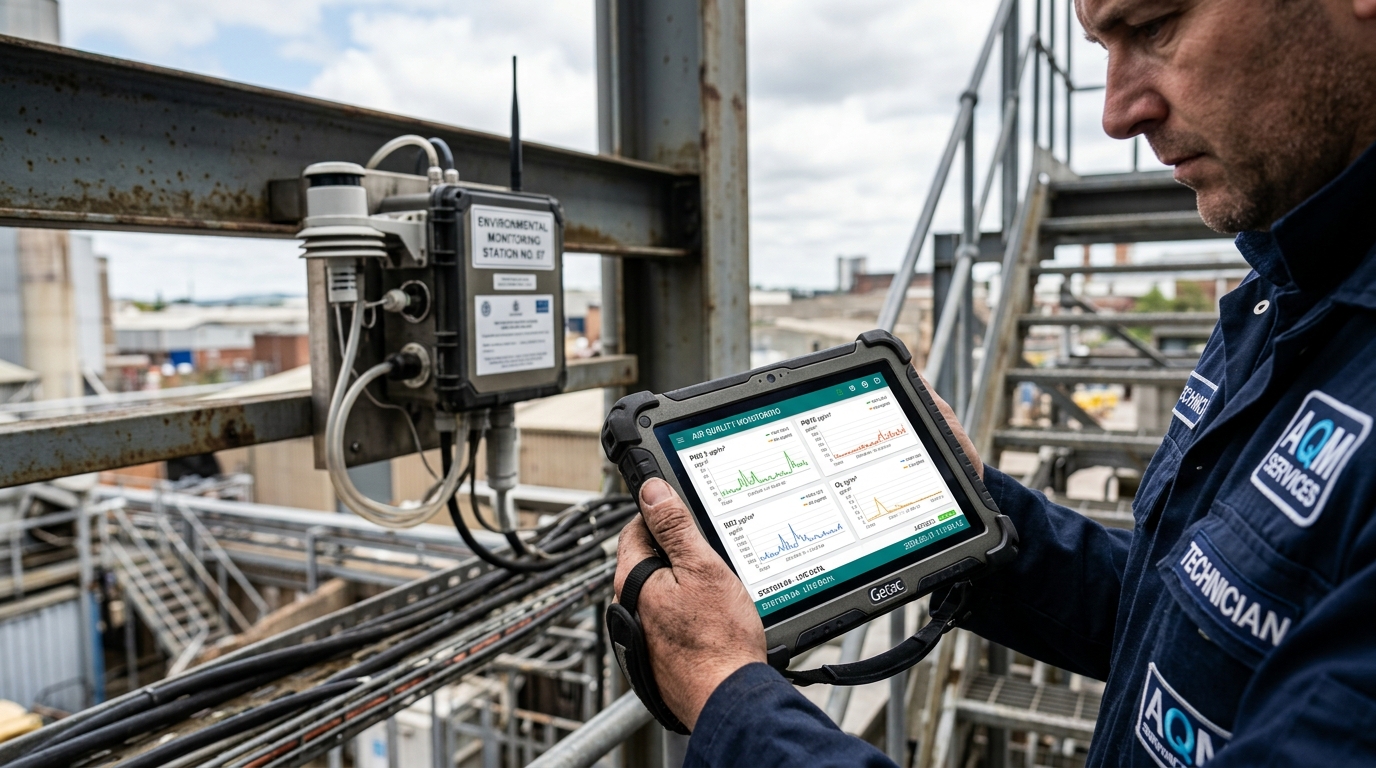 Hand holding a tablet with real-time environmental data platforms for industrial sites analytics in a close-up shot.