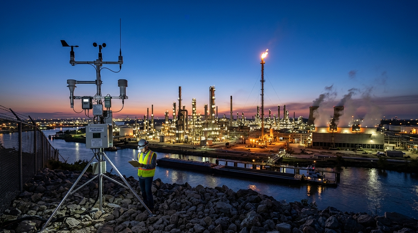 Wide view of an industrial plant at dusk showing real-time environmental data platforms for industrial sites infrastructure.