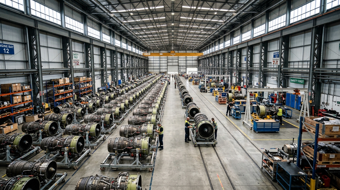 Wide view of a large aircraft parts warehouse showing efficient logistics for reducing aviation inventory costs.