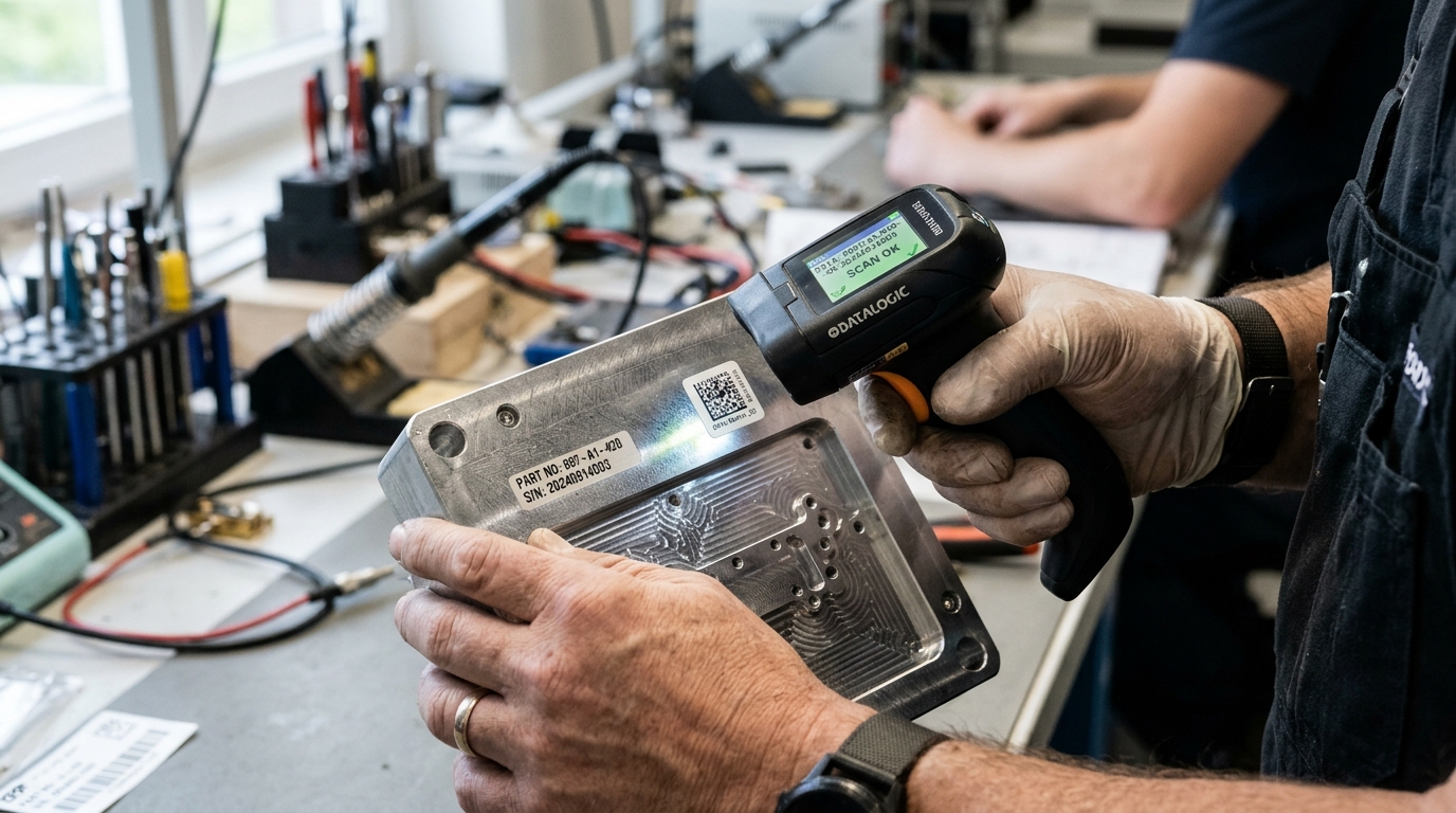 Close up of a technician scanning a spare part barcode to assist in reducing MRO inventory costs through precision.