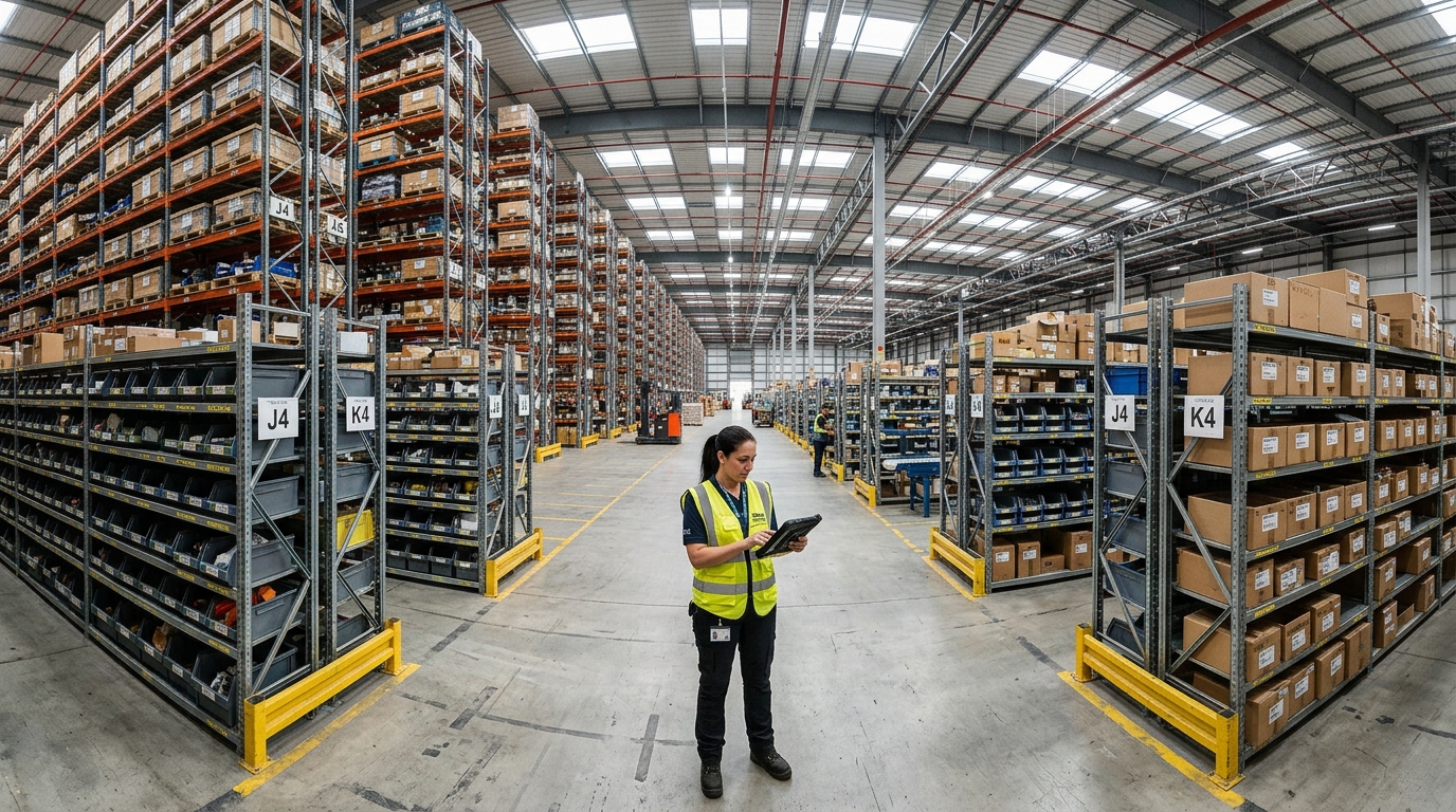 Manager in a vast industrial warehouse with high racks, a strategic view on reducing MRO inventory costs at scale.