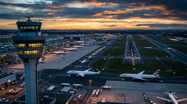Wide view of an airport at sunset showing the regulatory outlook for aviation tracking systems through infrastructure scale.