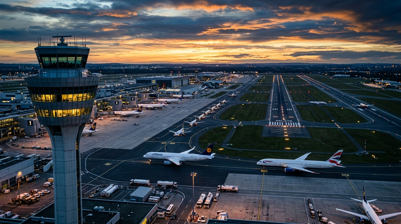Wide view of an airport at sunset showing the regulatory outlook for aviation tracking systems through infrastructure scale.