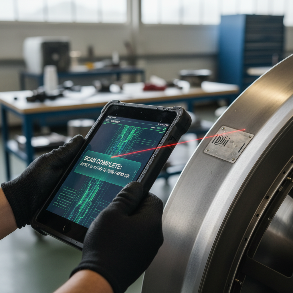 Close up of a technician scanning an engine part for what to consider when tracking aircraft assets accurately.