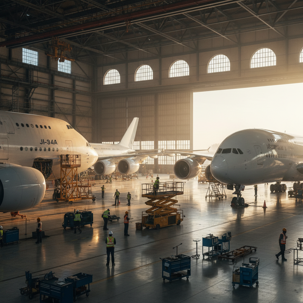 Wide view of a hangar with planes to show what to consider when tracking aircraft assets in a professional facility.