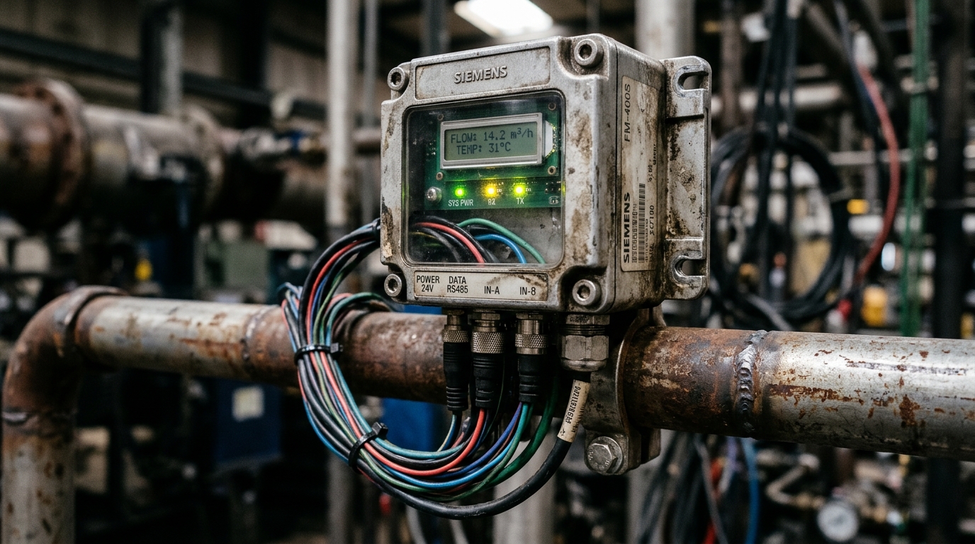 Close up of a rugged sensor on machinery demonstrating what to look for in an industrial IoT device for technical precision.