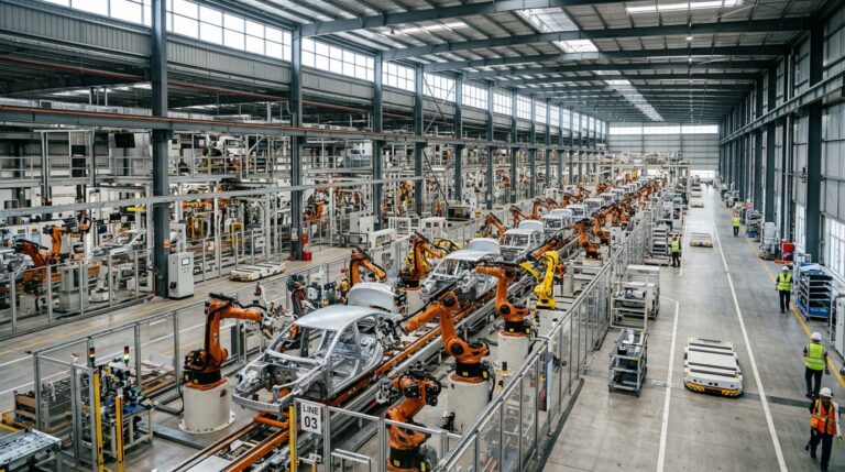 Wide view of an automated factory floor showing what to look for in an industrial IoT device within a large scale facility.